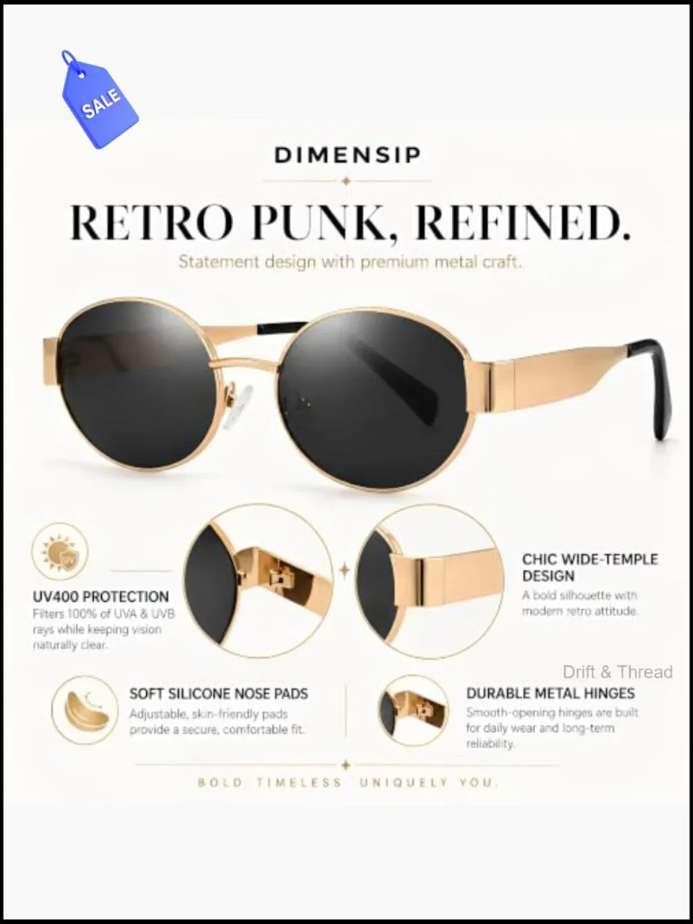 Retro Oval Gold Frame Sunglasses Womens UV400 Protection